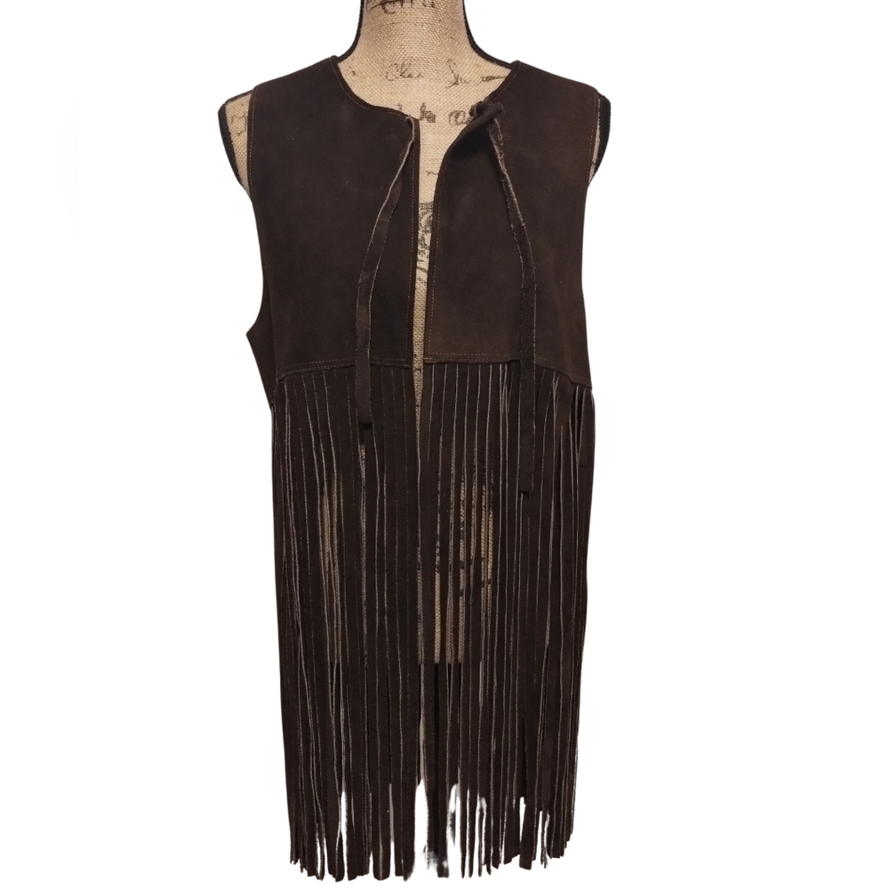 Vintage 1970s Leather Long Fringe Vest Women's Size M